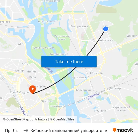 Пр. Лісовий to Київський національний університет культури і мистецтв map