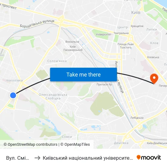 Вул. Смілянська to Київський національний університет культури і мистецтв map