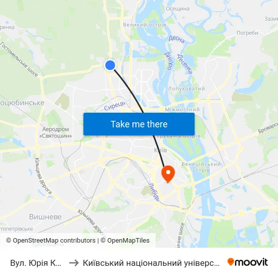 Вул. Юрія Кондратюка to Київський національний університет культури і мистецтв map