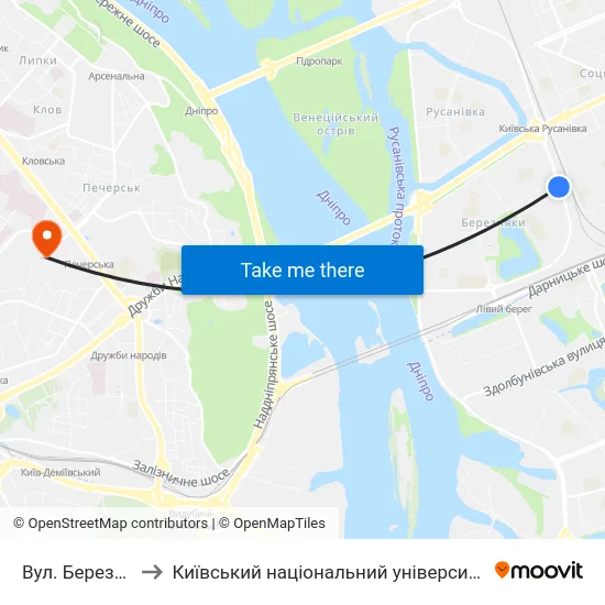 Вул. Березняківська to Київський національний університет культури і мистецтв map