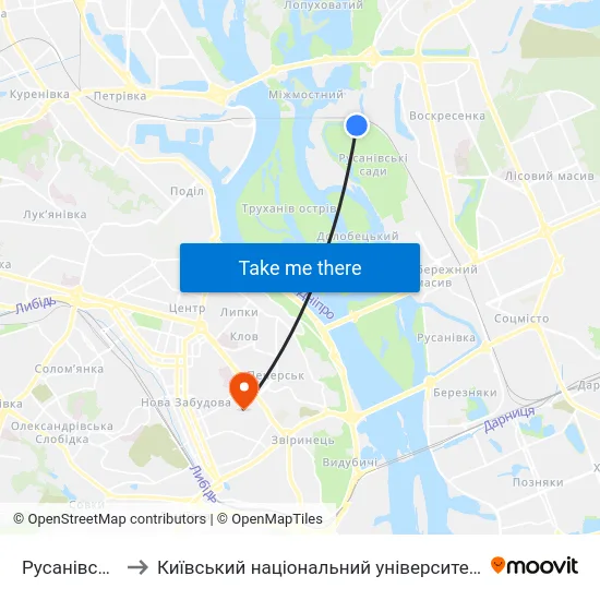 Русанівські Сади to Київський національний університет культури і мистецтв map