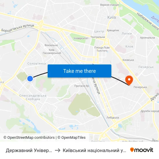 Державний Університет Телекомунікацій to Київський національний університет культури і мистецтв map