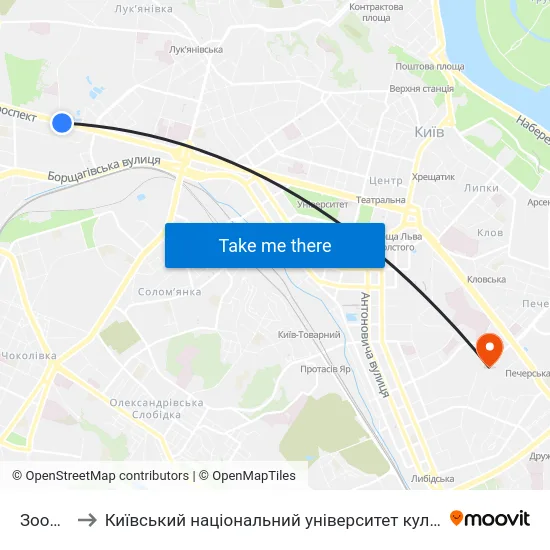 Зоопарк to Київський національний університет культури і мистецтв map