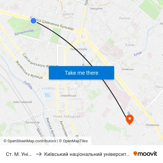 Ст. М. Університет to Київський національний університет культури і мистецтв map