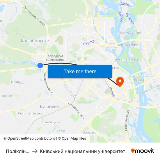 Поліклініка №3 to Київський національний університет культури і мистецтв map