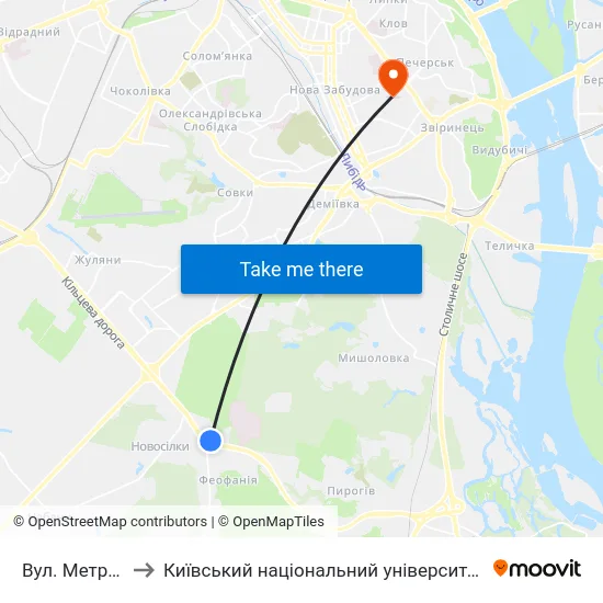 Вул. Метрологічна to Київський національний університет культури і мистецтв map