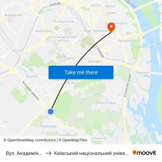 Вул. Академіка Заболотного to Київський національний університет культури і мистецтв map