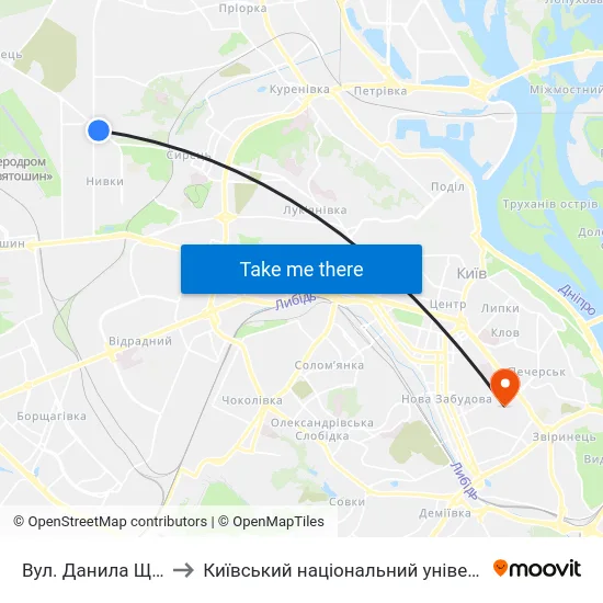 Вул. Данила Щербаківського to Київський національний університет культури і мистецтв map