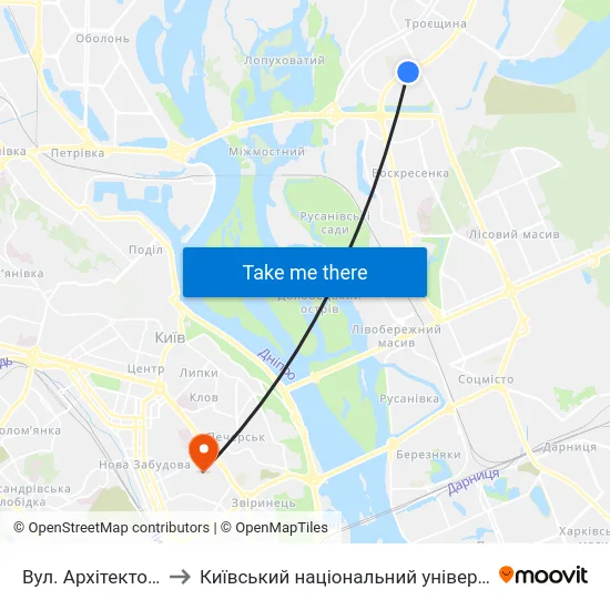 Вул. Архітектора Ніколаєва to Київський національний університет культури і мистецтв map