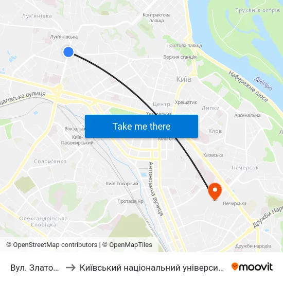 Вул. Златоустівська to Київський національний університет культури і мистецтв map