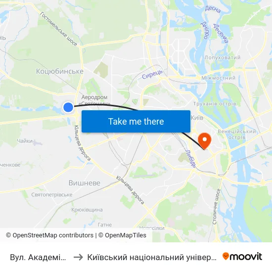 Вул. Академіка Єфремова to Київський національний університет культури і мистецтв map