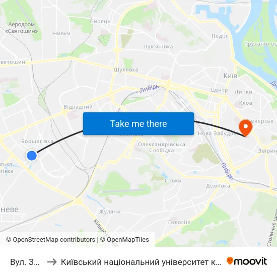 Вул. Зодчих to Київський національний університет культури і мистецтв map