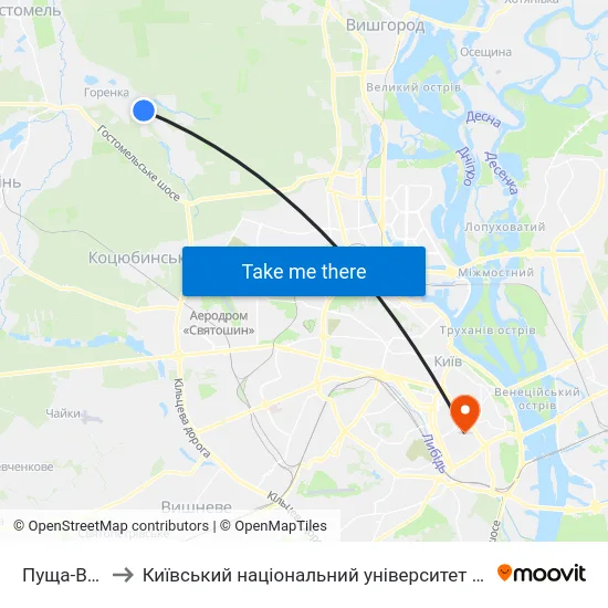 Пуща-Водиця to Київський національний університет культури і мистецтв map