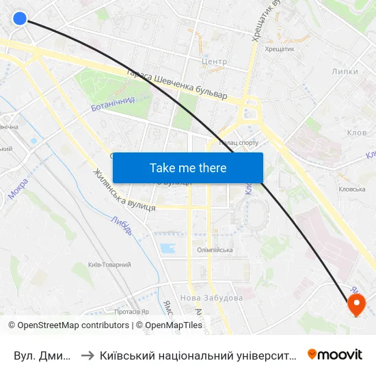 Вул. Дмитрівська to Київський національний університет культури і мистецтв map