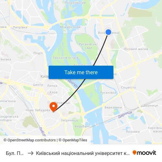 Бул. Перова to Київський національний університет культури і мистецтв map