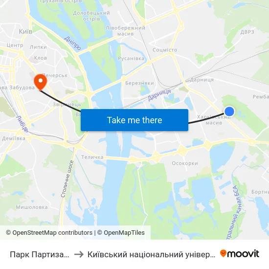 Парк Партизанської Слави to Київський національний університет культури і мистецтв map