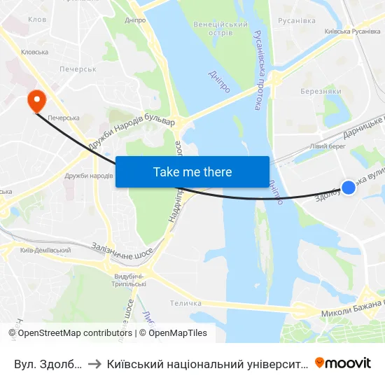 Вул. Здолбунівська to Київський національний університет культури і мистецтв map