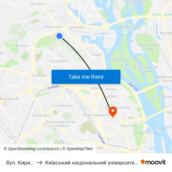 Вул. Кирилівська to Київський національний університет культури і мистецтв map