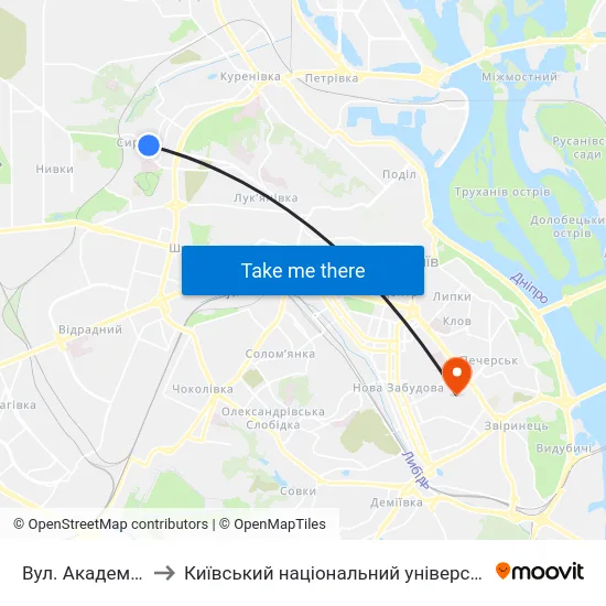 Вул. Академіка Щусєва to Київський національний університет культури і мистецтв map