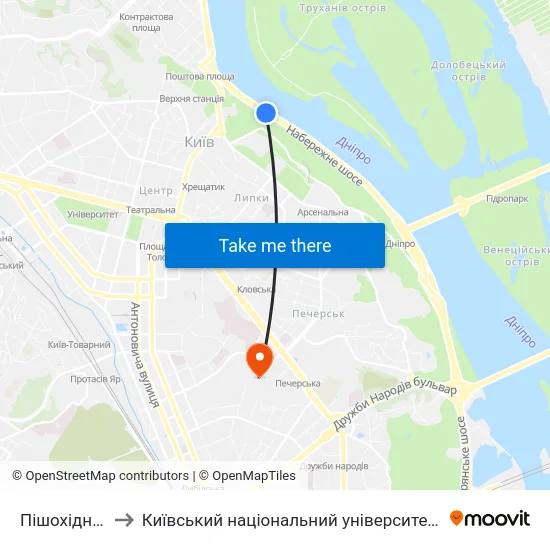 Пішохідний Міст to Київський національний університет культури і мистецтв map