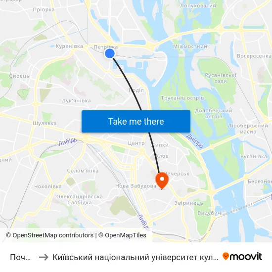 Почайна to Київський національний університет культури і мистецтв map