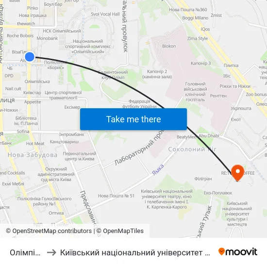 Олімпійська to Київський національний університет культури і мистецтв map