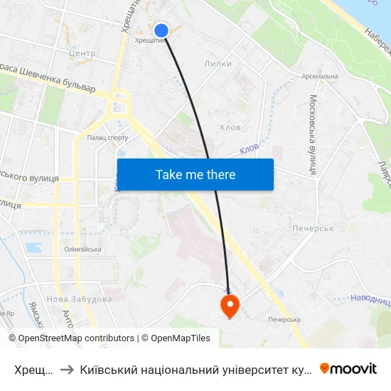 Хрещатик to Київський національний університет культури і мистецтв map