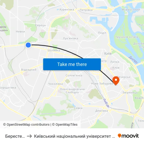 Берестейська to Київський національний університет культури і мистецтв map