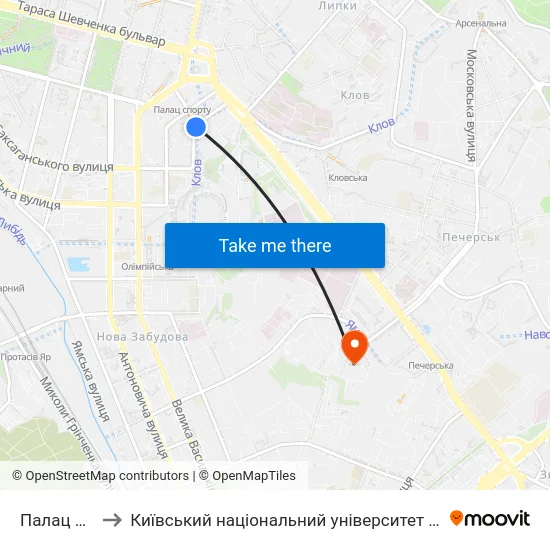 Палац Спорту to Київський національний університет культури і мистецтв map