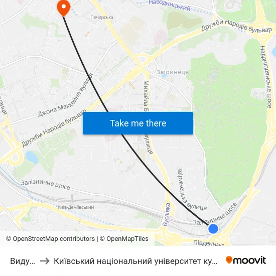 Видубичі to Київський національний університет культури і мистецтв map