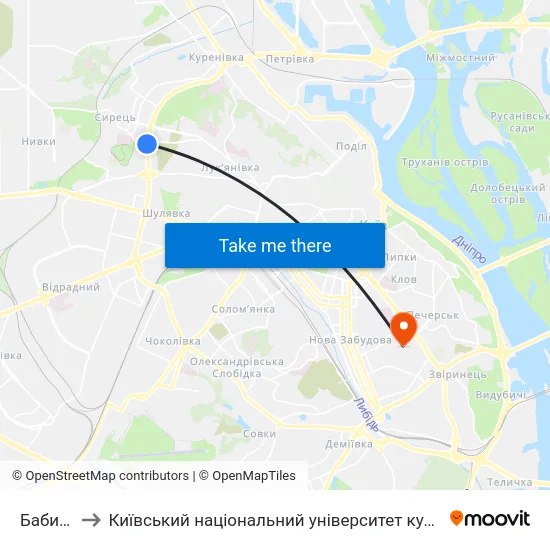 Бабин Яр to Київський національний університет культури і мистецтв map