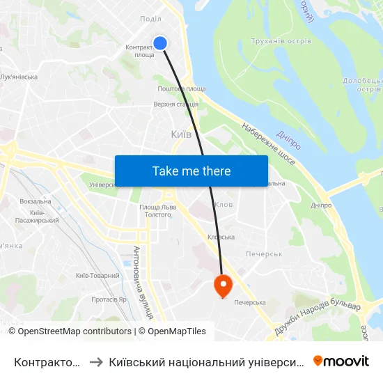 Контрактова Площа to Київський національний університет культури і мистецтв map