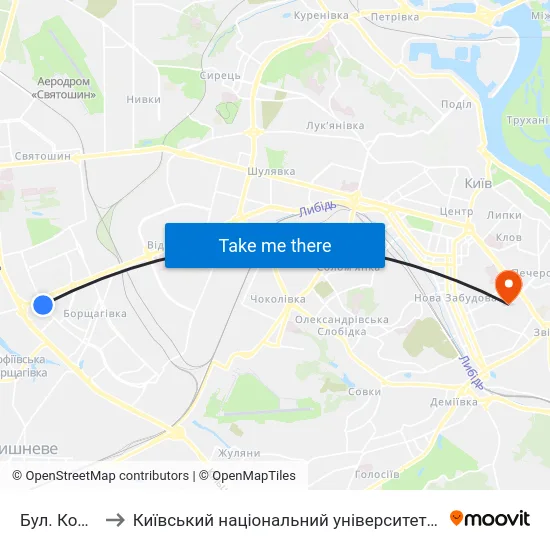 Бул. Кольцова to Київський національний університет культури і мистецтв map