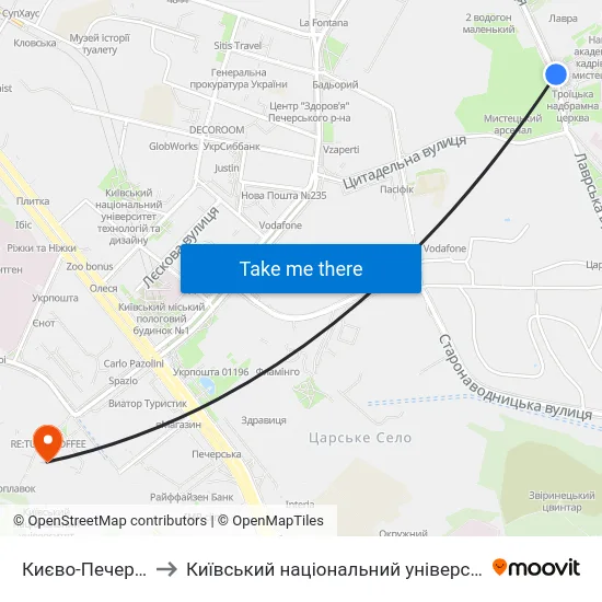 Києво-Печерська Лавра to Київський національний університет культури і мистецтв map