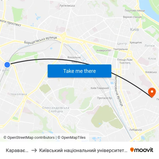 Караваєві Дачі to Київський національний університет культури і мистецтв map