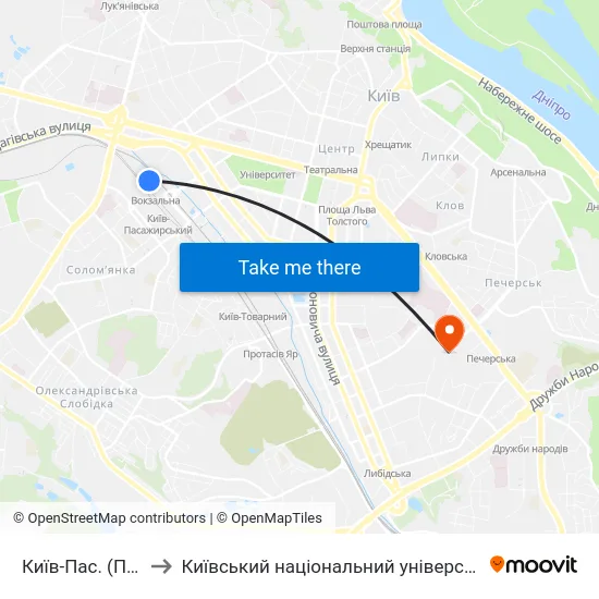 Київ-Пас. (Приміський) to Київський національний університет культури і мистецтв map