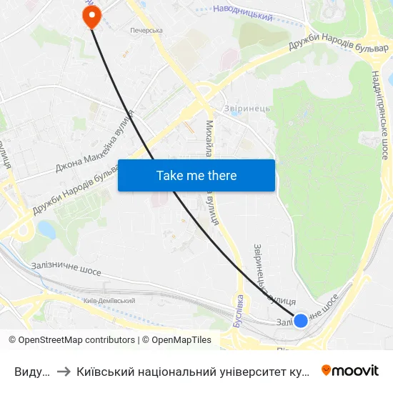 Видубичі to Київський національний університет культури і мистецтв map