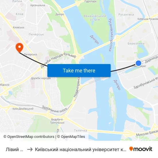 Лівий Берег to Київський національний університет культури і мистецтв map