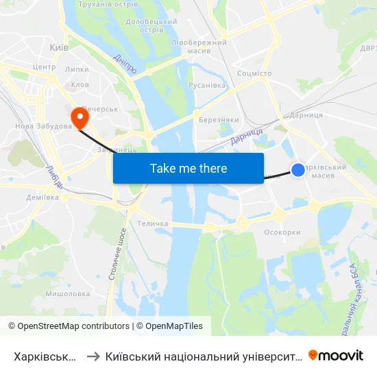 Харківський Масив to Київський національний університет культури і мистецтв map