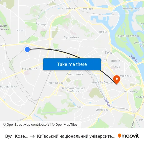 Вул. Козелецька to Київський національний університет культури і мистецтв map