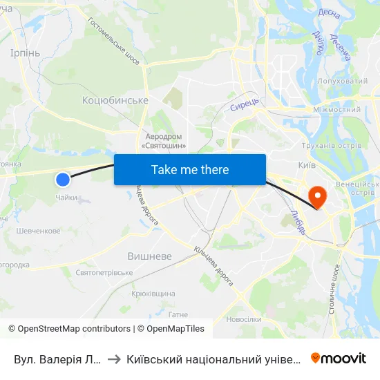 Вул. Валерія Лобановського to Київський національний університет культури і мистецтв map
