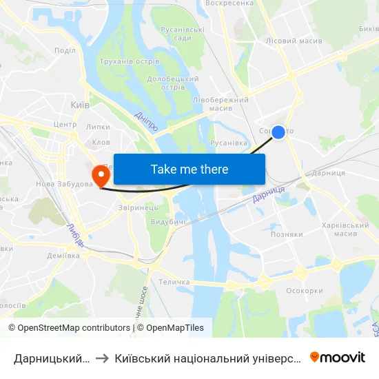 Дарницький Універмаг to Київський національний університет культури і мистецтв map