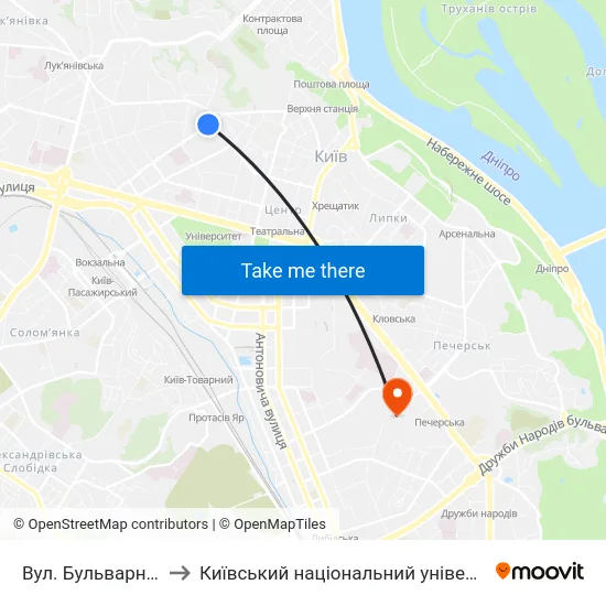 Вул. Бульварно-Кудрявська to Київський національний університет культури і мистецтв map