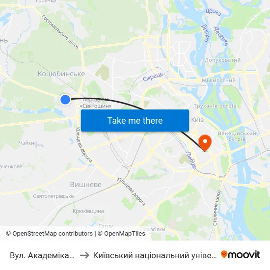 Вул. Академіка Булаховського to Київський національний університет культури і мистецтв map
