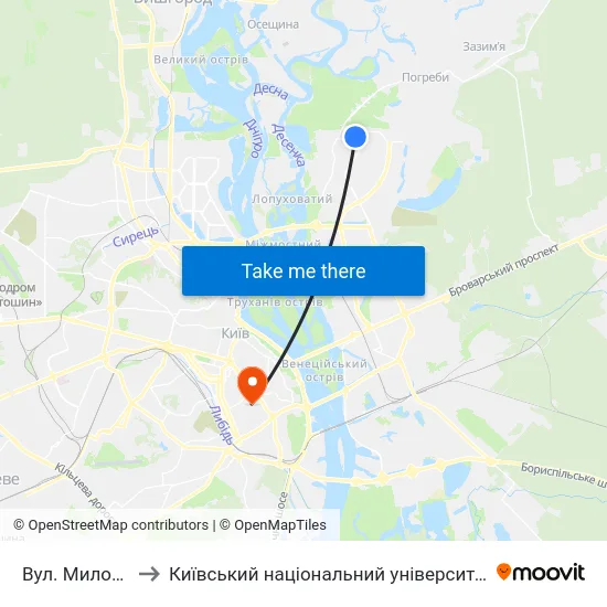 Вул. Милославська to Київський національний університет культури і мистецтв map