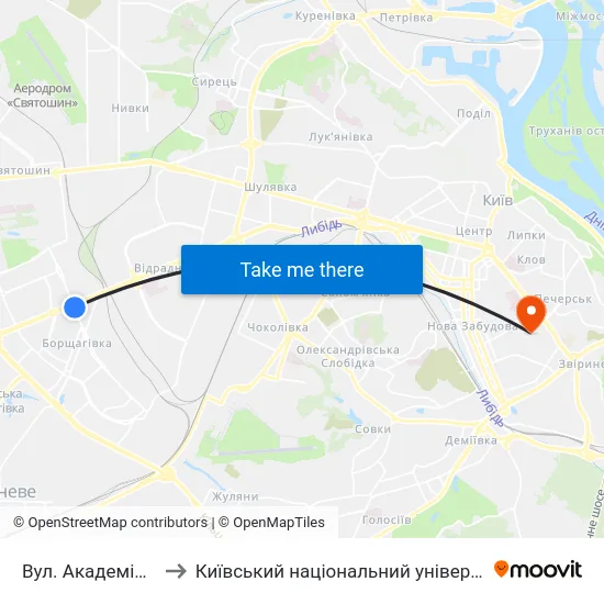 Вул. Академіка Корольова to Київський національний університет культури і мистецтв map