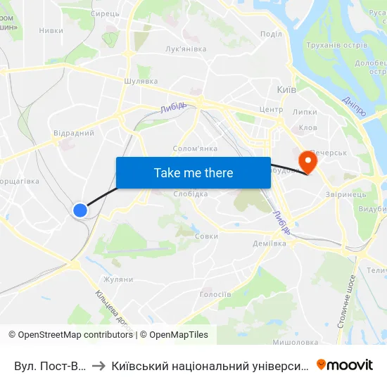 Вул. Пост-Волинська to Київський національний університет культури і мистецтв map