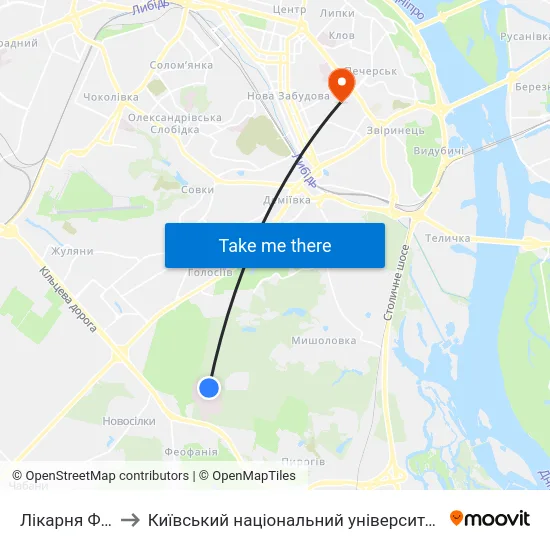 Лікарня Феофанія to Київський національний університет культури і мистецтв map