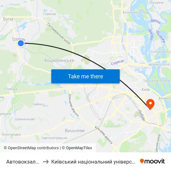 Автовокзал (М. Ірпінь) to Київський національний університет культури і мистецтв map