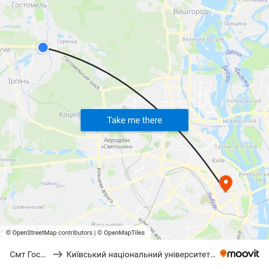 Смт Гостомель to Київський національний університет культури і мистецтв map
